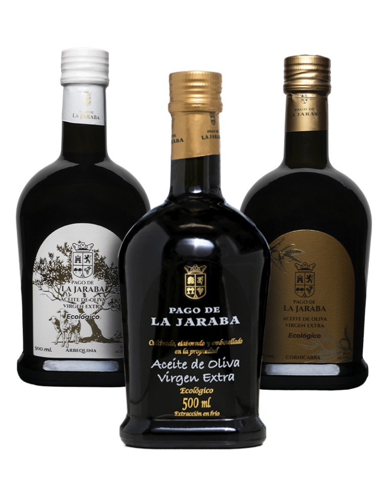 Bodegón botellas de aceite de oliva virgen extra Pago de la Jaraba